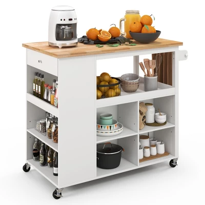 Costway Kitchen Island Trolley Cart On Wheels With Storage Open Shelves & Drawer White/Brown 10 Costway Kitchen Island Trolley Cart On Wheels With Storage Open Shelves & Drawer White/Brown - Image 10