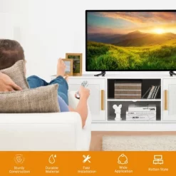 Costway TV Stand Entertainment Media Console W/ 2 Rattan Cabinets & Open Shelves -Online Furniture Store GUEST b0e04042 5bd6 457a 8907 e17bf261ab90