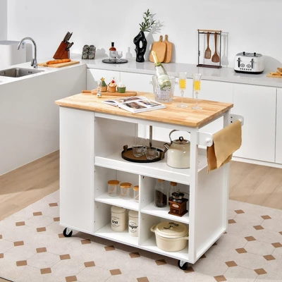 Costway Kitchen Island Trolley Cart On Wheels With Storage Open Shelves & Drawer White/Brown 1 Costway Kitchen Island Trolley Cart On Wheels With Storage Open Shelves & Drawer White/Brown