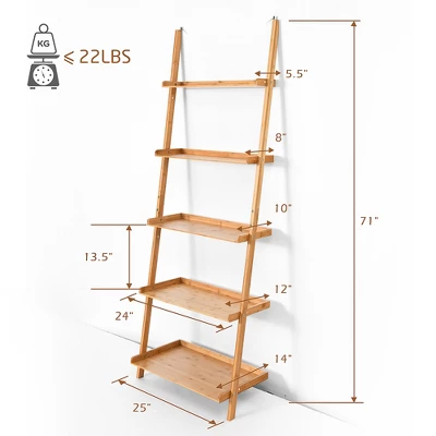 Costway 5-Tier Ladder Shelf Bamboo Bookshelf Wall-Leaning Storage Display Plant Stand 2 Costway 5-Tier Ladder Shelf Bamboo Bookshelf Wall-Leaning Storage Display Plant Stand - Image 2