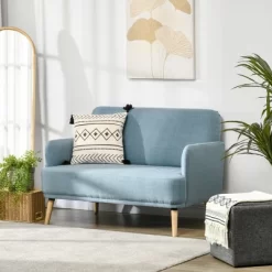 HOMCOM 48" Loveseat Sofa For Bedroom, Modern Love Seats Furniture, Upholstered Small Couch For Small Space, Blue
