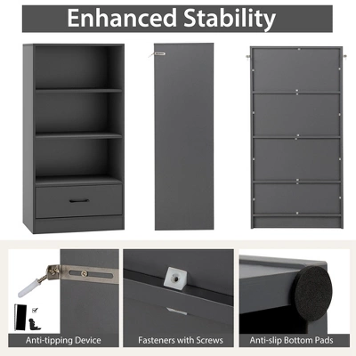 Costway 4-Tier Bookcase 48'' Display Bookshelf Storage Organizer With Shelves & Drawer Grey/White/Natural 6 Costway 4-Tier Bookcase 48'' Display Bookshelf Storage Organizer With Shelves & Drawer Grey/White/Natural - Image 6