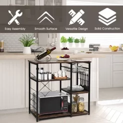 Costway Industrial Kitchen Baker's Rack Microwave Stand Utility Storage Shelf W/ 6 Hooks Steel Black -Online Furniture Store GUEST bc357fce 1955 4b57 8547 00224f3d8f9d