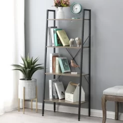 LuxenHome 4-Shelf 58.3" X 23.62" W Wood And Metal Ladder Bookcase. -Online Furniture Store GUEST bc80e133 557d 4efd 8608 60a678f31d50