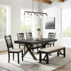 Hayden 6pc Extendable Dining Set With Bench And 4 Slat Back Chairs Slate - Crosley