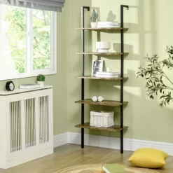 HOMCOM Industrial 5 Tier Ladder Shelf, Wall Mount Storage Shelves Bookcase With Metal Frame, Corner Unit, Plant Flower Rack For Living Room, Balcony, Brown