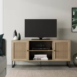 47" Mina Rattan And Wood 2 Door TV Cabinet For TVs Up To 59" Light Oak/Matte Black - Nathan James