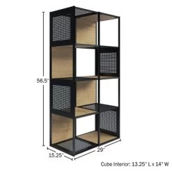 Lavish Home Freestanding 4-Tier Cube Storage Bookshelf – Industrial Wood And Metal Shelving, Oak/Black