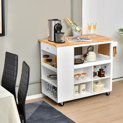 Costway Kitchen Island Trolley Cart On Wheels With Storage Open Shelves & Drawer White/Brown 3 Costway Kitchen Island Trolley Cart On Wheels With Storage Open Shelves & Drawer White/Brown - Image 3