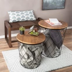 End Table With Storage – Set Of 2 Round Nesting Tables With Diamond Pattern Wire Basket Wood Tops, Industrial Farmhouse Side Table By Lavish Home -Online Furniture Store GUEST cf0d4a2c f3d0 4b6c b32a b21821c4888c