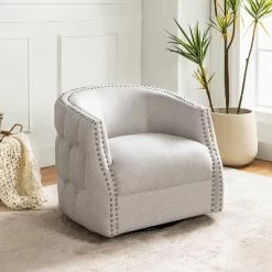 Jorge Curved And Ergonomic Design Barrel Chair With Decorative Nailhead Tirms Swivel Chair | ARTFUL LIVING DESIGN