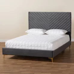 Fabrico Velvet Fabric Upholstered And Metal Platform Bed - Baxton Studio -Online Furniture Store GUEST d169a071 0644 431b 947d badb1386078c