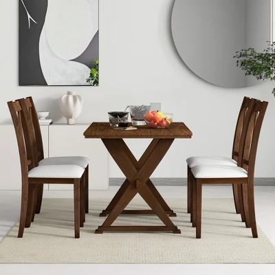 Mid-Century Wood 5-Piece Dining Table Set With 4 Upholstered Dining Chairs-ModernLuxe 15 Mid-Century Wood 5-Piece Dining Table Set With 4 Upholstered Dining Chairs-ModernLuxe - Image 15