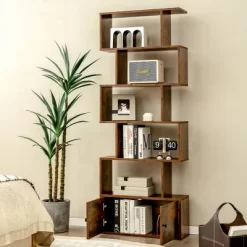 Costway 1 PC Bookshelf W/Cabinet 6-Tier S-Shaped Bookcase Storage Rack Rustic BrownWhite