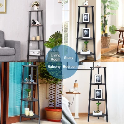 Costway 4-Tier Corner Shelf Metal Storage Rack Domestic Bookcase Display Stand Wood Grey 4 Costway 4-Tier Corner Shelf Metal Storage Rack Domestic Bookcase Display Stand Wood Grey - Image 4