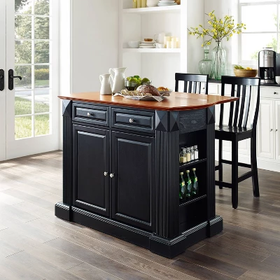 Coventry Drop Leaf Top Kitchen Island With School House Stools Black - Crosley 1 Coventry Drop Leaf Top Kitchen Island With School House Stools Black - Crosley