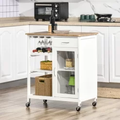 HOMCOM Utility Kitchen Cart, Rolling Kitchen Island Storage Trolley With Rack, Shelves, Drawer And Cabinet, White