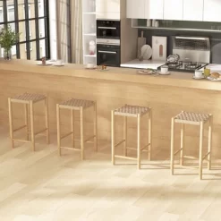 Costway 26'' Dining Bar Stool Set Of 2/4 Counter Height With Rubber Wood Woven Saddle Seat