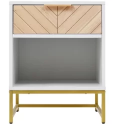 Nightstand With USB Charging Ports, End Table With 1 Drawer And Metal Legs, White+Natural Finish-ModernLuxe -Online Furniture Store GUEST de36e679 4aed 4fa4 b4cd 1bffd4612b89