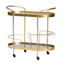 Kamal Glam Brushed Metal And Mirrored Glass 2 Tier Mobile Wine Bar Cart Gold - Baxton Studio -Online Furniture Store GUEST de442c1b 7362 4bd1 8b2e ff4632c874fc