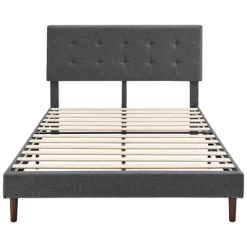 BIKAHOM Upholstered Platform Bed With Square Stitch Headboard, Dark Grey