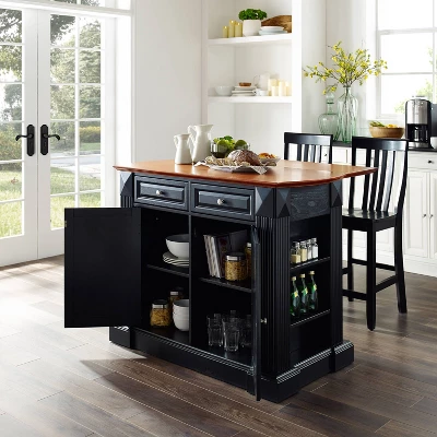 Coventry Drop Leaf Top Kitchen Island With School House Stools Black - Crosley 2 Coventry Drop Leaf Top Kitchen Island With School House Stools Black - Crosley - Image 2