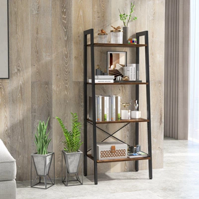 Tangkula 4-Tier Ladder Bookshelf Industrial Wooden Bookcase With Metal Frame Anti-Toppling Device Rack Rustic Brown/Gray Oak 1 Tangkula 4-Tier Ladder Bookshelf Industrial Wooden Bookcase With Metal Frame Anti-Toppling Device Rack Rustic Brown/Gray Oak