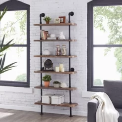Modern Industrial 6-Tier Iron Pipe Wall Mount Ladder Shelf Distressed Wood - Danya B.