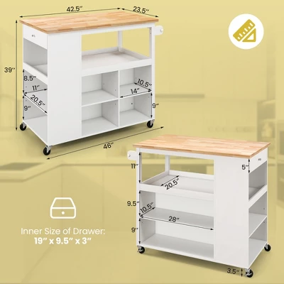 Costway Kitchen Island Trolley Cart On Wheels With Storage Open Shelves & Drawer White/Brown 2 Costway Kitchen Island Trolley Cart On Wheels With Storage Open Shelves & Drawer White/Brown - Image 2