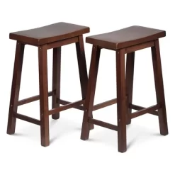 PJ Wood Classic Saddle-Seat 24" Tall Kitchen Counter Stools For Homes, Dining Spaces, And Bars W/ Backless Seats, 4 Square Legs, Walnut (Set Of 10)