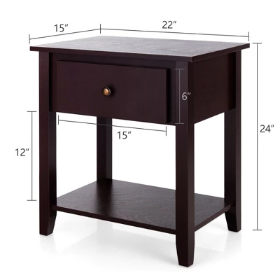 Costway 2PCS Nightstand Sofa End Side Table W/ Storage Drawer Bottom Shelf Espresso 2 Costway 2PCS Nightstand Sofa End Side Table W/ Storage Drawer Bottom Shelf Espresso - Image 2