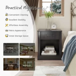 Costway Nightstand With Drawer And Shelf Rustic Wooden Bedside Table Bedroom Brown / Natural / Black 18 Costway Nightstand With Drawer And Shelf Rustic Wooden Bedside Table Bedroom Brown / Natural / Black -Online Furniture Store GUEST e9cb1230 fdc2 486b a3ed 9e07bb55f4c3