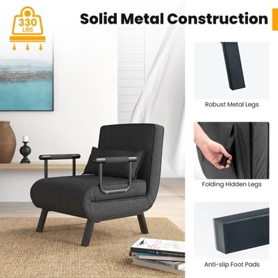 Costway Folding 6 Position Armchair Lounge Couch Convertible Sleeper Bed W/ Pillow Gray 7 Costway Folding 6 Position Armchair Lounge Couch Convertible Sleeper Bed W/ Pillow Gray - Image 7