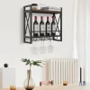 Costway Wall Mounted Wine Rack Industrial 2-Tier Wood Shelf With 3 Stem Glass Holders
