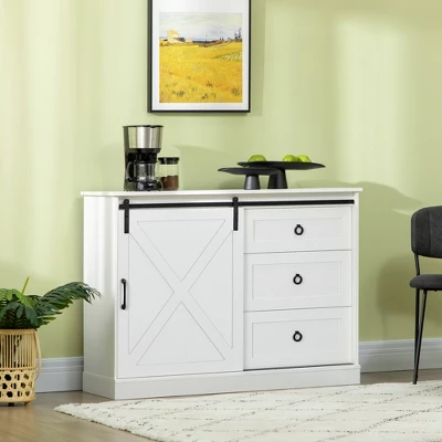 HOMCOM Farmhouse Coffee Bar Cabinet, Kitchen Sideboard, Buffet Cabinet With Sliding Barn Door And 3 Storage Drawers For Living Room, White 2 HOMCOM Farmhouse Coffee Bar Cabinet, Kitchen Sideboard, Buffet Cabinet With Sliding Barn Door And 3 Storage Drawers For Living Room, White - Image 2