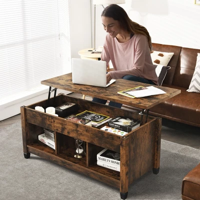 Costway Lift Top Coffee Table W/ Hidden Compartment And Storage Shelves Coffee 3 Costway Lift Top Coffee Table W/ Hidden Compartment And Storage Shelves Coffee - Image 3