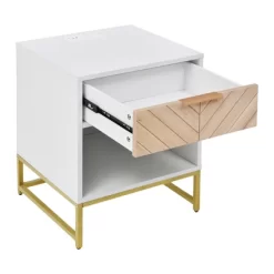 Nightstand With USB Charging Ports, End Table With 1 Drawer And Metal Legs, White+Natural Finish-ModernLuxe -Online Furniture Store GUEST f74963f0 8a47 4f3d a41b 1c557a5ac56c