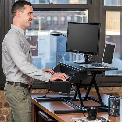 Stand Up Desk Store AirRise Pro Two Tier Standing Desk Converter Monitor Stand With Built-In Keyboard Tray 3 Stand Up Desk Store AirRise Pro Two Tier Standing Desk Converter Monitor Stand With Built-In Keyboard Tray - Image 3