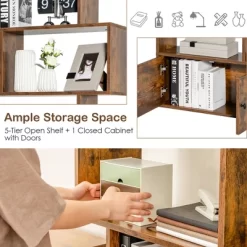 Costway 1 PC Bookshelf W/Cabinet 6-Tier S-Shaped Bookcase Storage Rack Rustic BrownWhite -Online Furniture Store GUEST fde6d459 a6bd 43d7 a66a a220012024e3